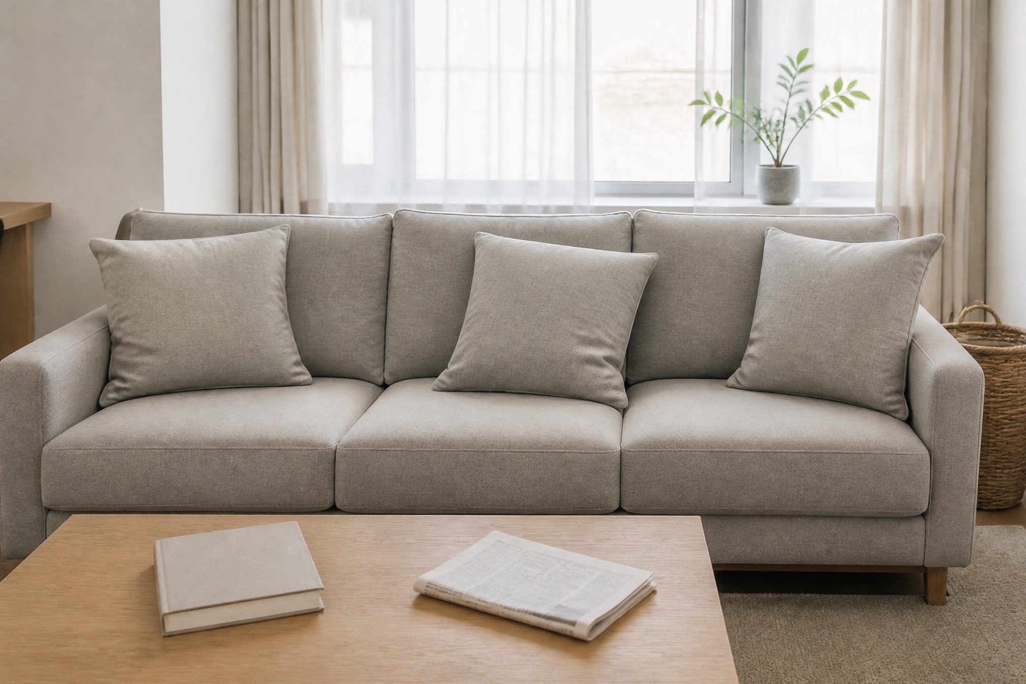 Hellgraues Sofa mit aufgeschüttelten Kissen und gefalteter Decke, dahinter eine aufgeräumte Küchenzeile