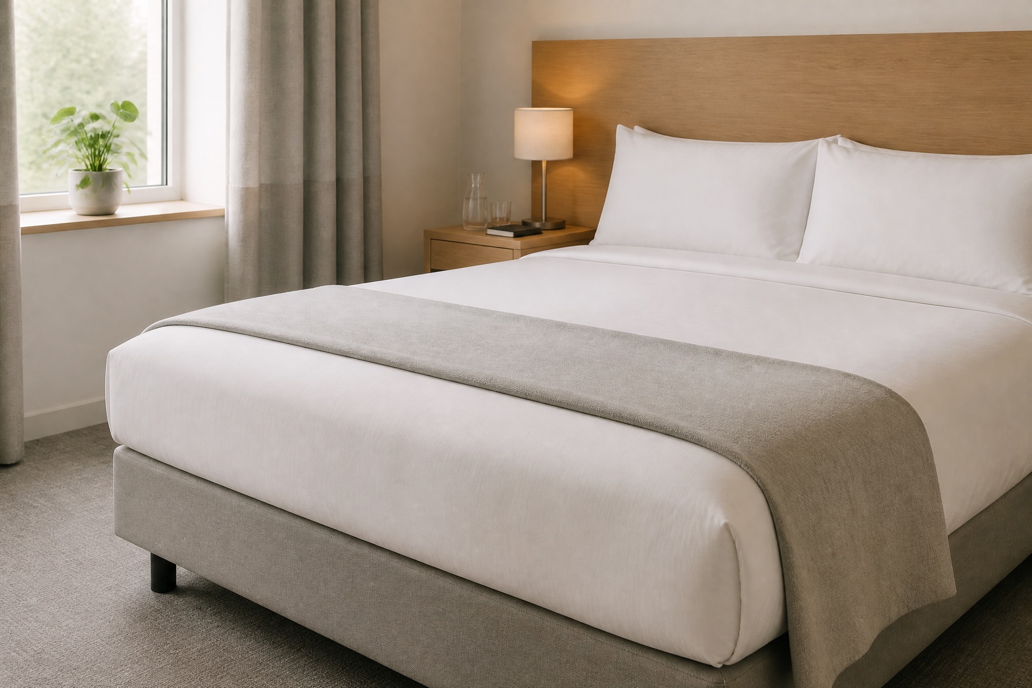Frisch bezogenes Hotelbett mit weißer Bettwäsche, aufgeschüttelten Kissen und gefalteter Decke am Fußende