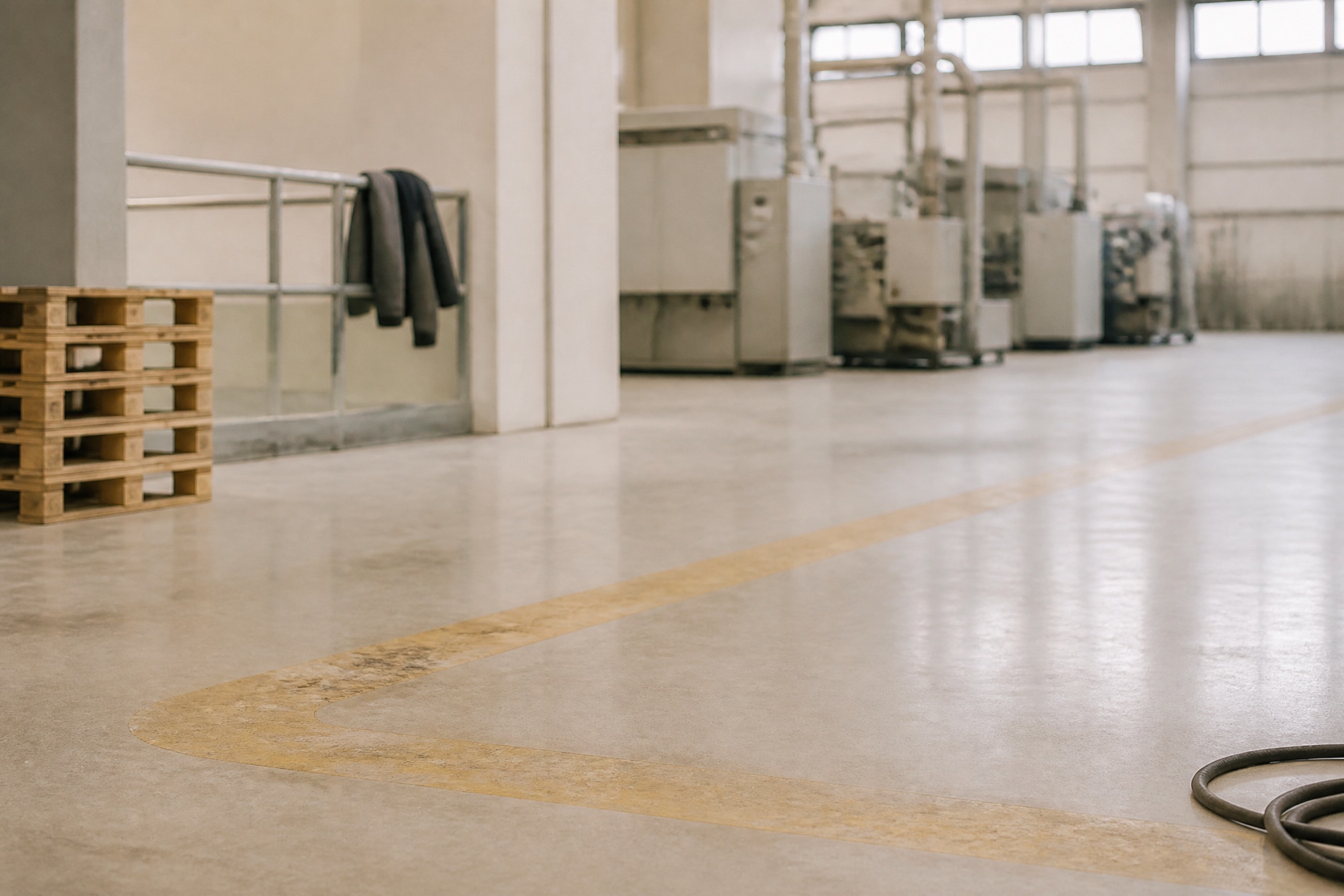Frisch gereinigter Hallenboden mit weißen Wegmarkierungen, dahinter Palettenregale und eine Maschineneinhausung