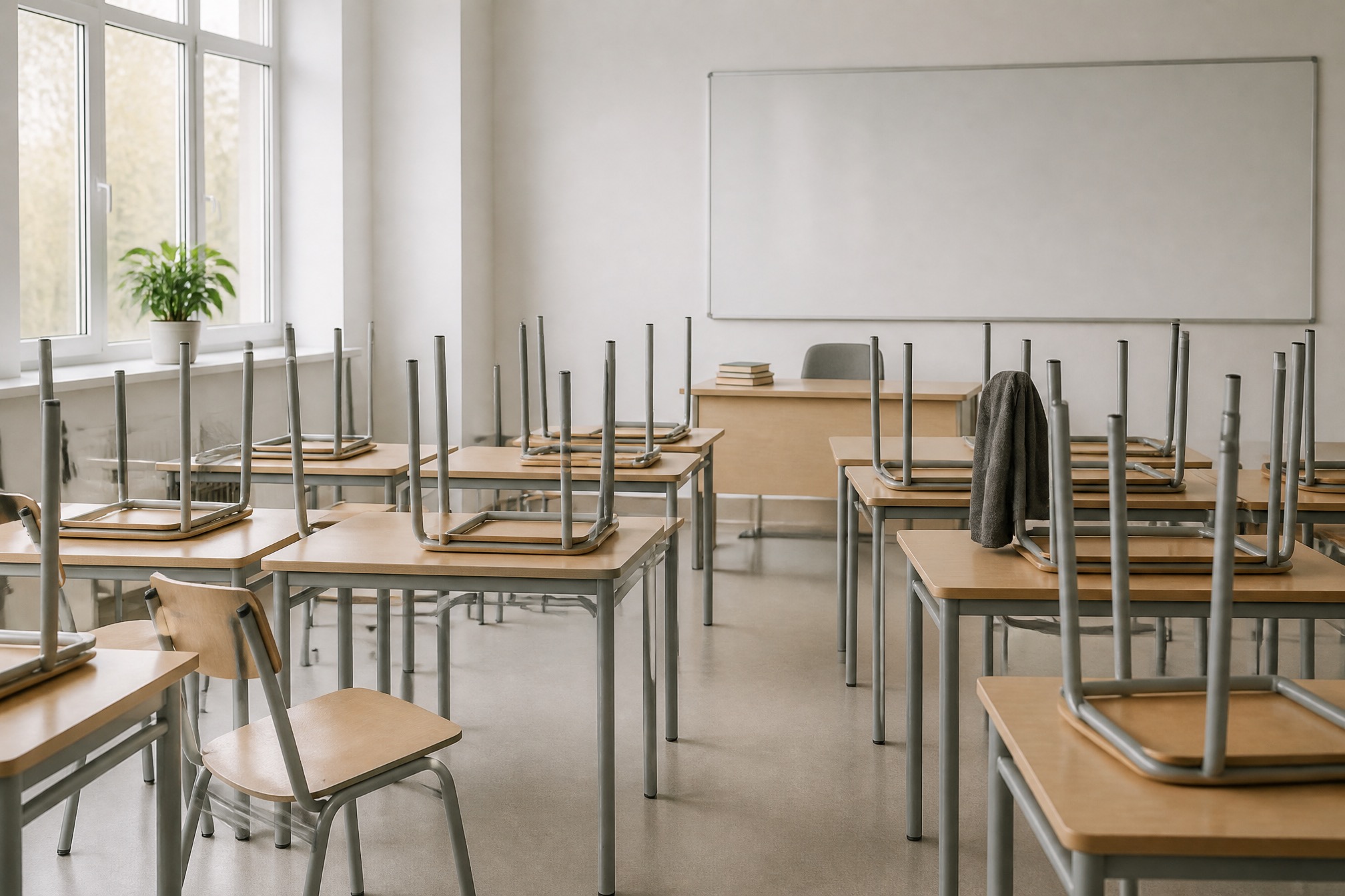 Klassenraum mit hochgestellten Stühlen auf den Tischen, der Boden frei und frisch gewischt