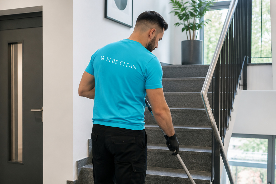 Reinigungskraft wischt die Treppe im Treppenhaus