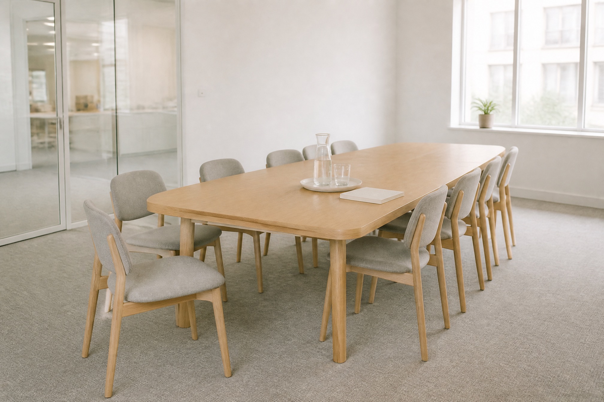 Besprechungstisch mit eingeschobenen Stühlen, Karaffe und Gläsern, morgens vor Arbeitsbeginn