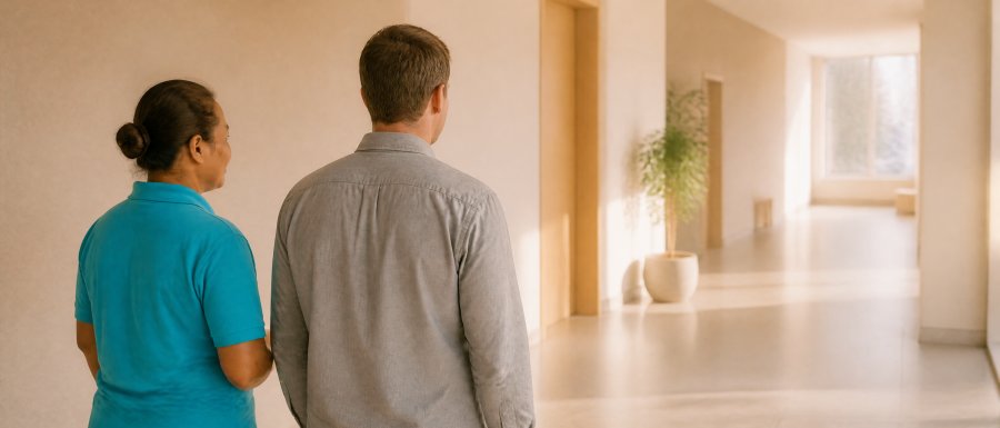 Mitarbeiterin im türkisen Poloshirt und ein Kunde stehen von hinten gesehen in einem hellen Flur und besprechen ihn