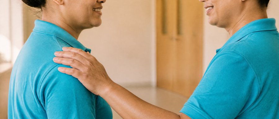 Mitarbeiterin legt einer Kollegin im türkisen Poloshirt aufmunternd die Hand auf die Schulter