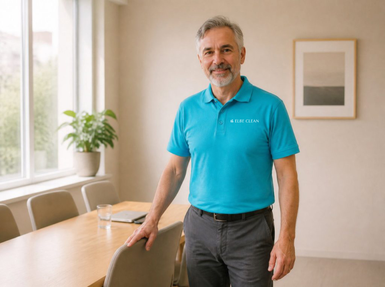 Mitarbeiter aus dem Vertrieb im türkisen Poloshirt steht am Besprechungstisch und blickt freundlich in die Kamera