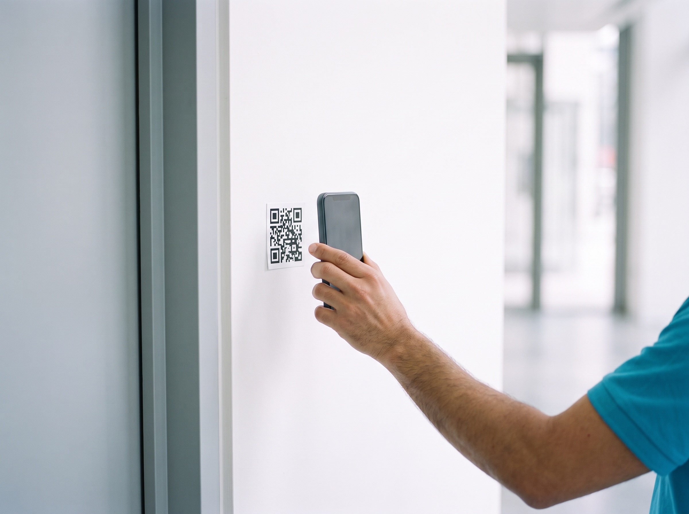 Hand im türkisen Poloshirt hält ein Smartphone vor einen QR-Code an der Wand eines hellen Flurs