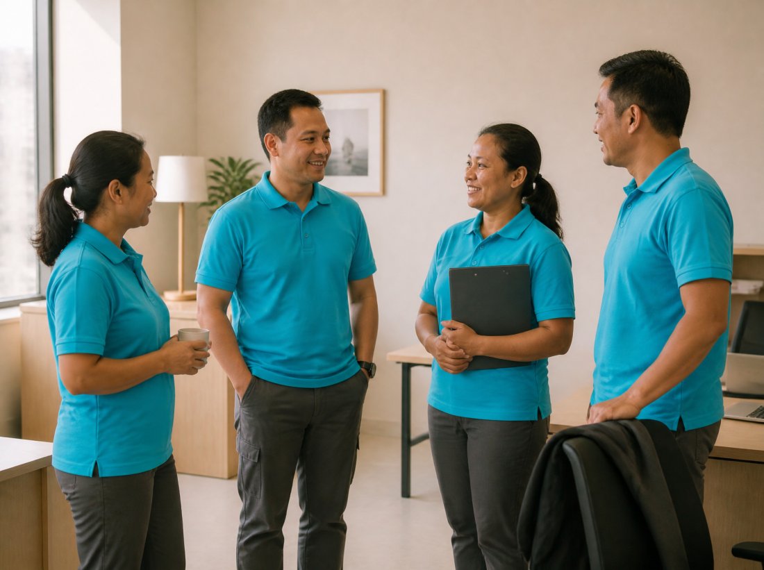 Vier Kolleginnen und Kollegen in türkisen Poloshirts stehen im hellen Büro zusammen und unterhalten sich