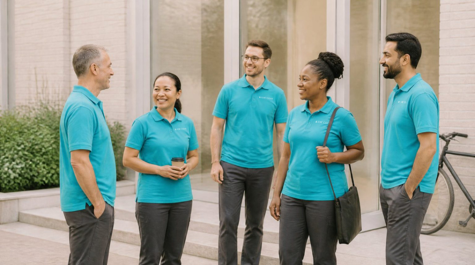 Fünf Mitarbeitende in türkisen Poloshirts stehen im Gespräch vor dem Eingang eines hellen Betriebsgebäudes